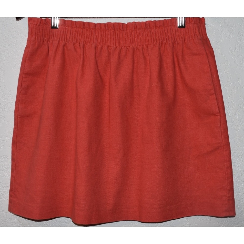 J.Crew 10 Mini Skirt Linen Cotton Lined Coral Orange PULL-ON Elastic Waist‎ Pkts